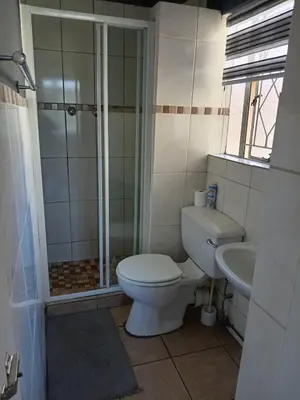 a bathroom with a toilet and a shower and a sink at Tokelo Guesthouse Emalahleni in Witbank