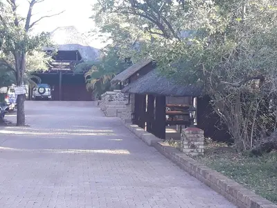 a building with a thatched roof next to a street at Little Bush Baby in Marloth Park
