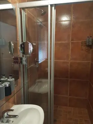 a bathroom with a shower and a sink at Chateau Vue Guesthouse in Pretoria