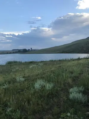a large body of water with a grassy field and a field at Dullstroom on the Dam in Dullstroom