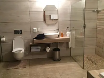a bathroom with a sink and a toilet and a shower at At The Rocks Country Estate in Avondzon