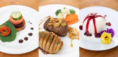 two pictures of different types of food on plates at Blyde River Wilderness Lodge in Hoedspruit