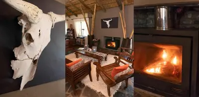 two pictures of a living room with a fireplace at Blyde River Wilderness Lodge in Hoedspruit