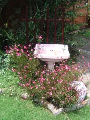 a white sink in a garden with pink flowers at The Yardt Guest House in Trichardt