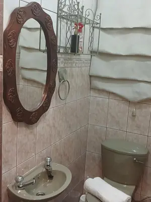 a bathroom with a mirror and a toilet and a sink at The Yardt Guest House in Trichardt