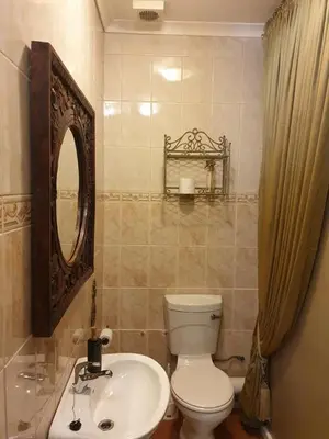 a bathroom with a toilet and a sink and a mirror at The Yardt Guest House in Trichardt