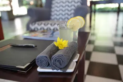 a table with a glass of water and a flower on top of towels at Perry's Bridge Hollow Boutique Hotel in Hazyview