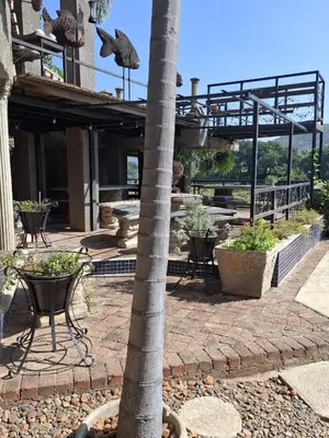 a patio with chairs and a palm tree in front of a building at Belvedere-on-River in Malelane
