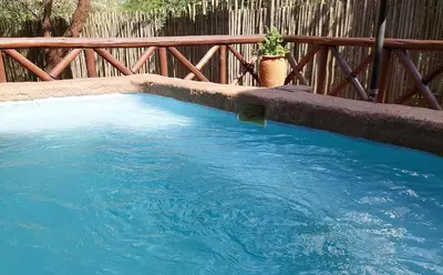 a large pool of blue water next to a fence at Khumbula iAfrica 1 in Marloth Park
