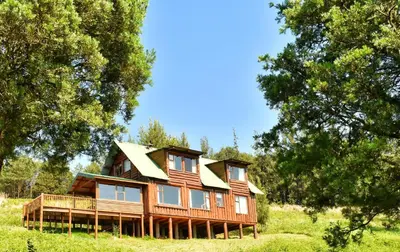 a large wooden house on a hill with trees at Stanford Lake lodge in Haenertsburg