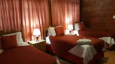 a hotel room with two beds and two lamps at La Frans Guesthouse in Pretoria
