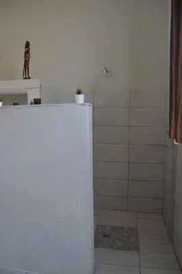 a bathroom with a white wall with a potted plant at Leopard Tree Retreat in Nelspruit