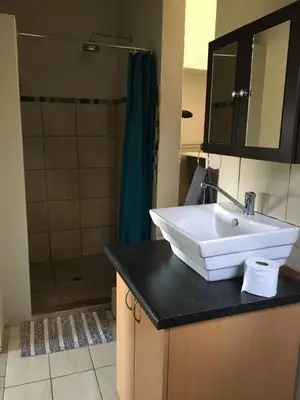 a bathroom with a sink and a shower at Leopard Tree Retreat in Nelspruit