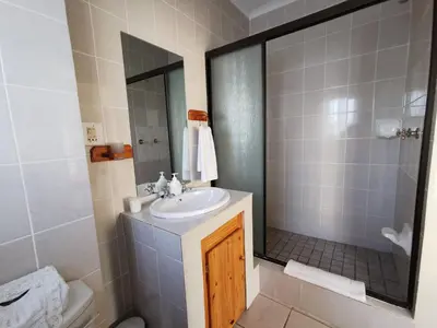 a bathroom with a sink and a shower with a mirror at Meintjieskop Self-Catering Accommodation in Pretoria