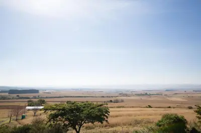 a view of a field with a tree in the foreground at Spitskop Plaashuis in Lydenburg