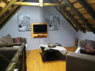 a living room with two zebras on the wall at African Sky in Marloth Park