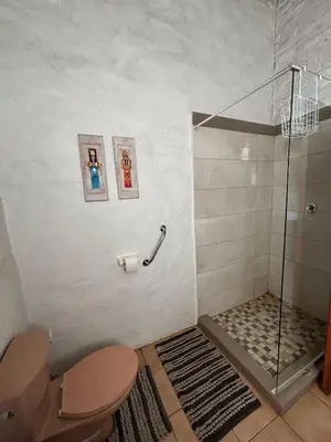 a bathroom with a toilet and a glass shower at Green Thumb Farm Stay in Ermelo