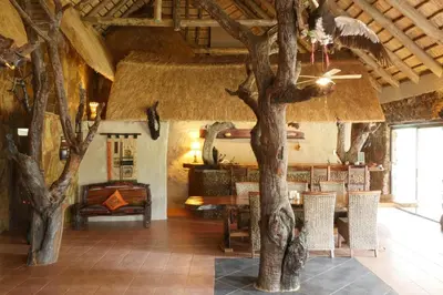 a restaurant with a tree in the middle of a room at Lamai Safari Lodge in Balule Game Reserve