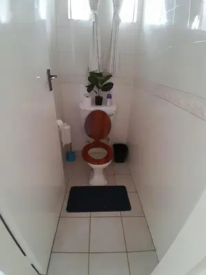 a bathroom with a toilet with a plant on it at Yacht View Lodge in Schoemansville