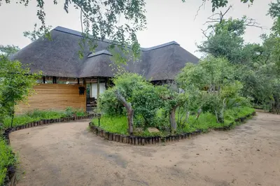 a house with a thatched roof and a driveway at Tangala Safari Camp in Thornybush Game Reserve