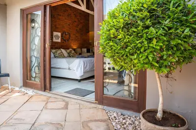 a tree in a pot next to a glass door at Klip en Kristal Guest House in Bela-Bela