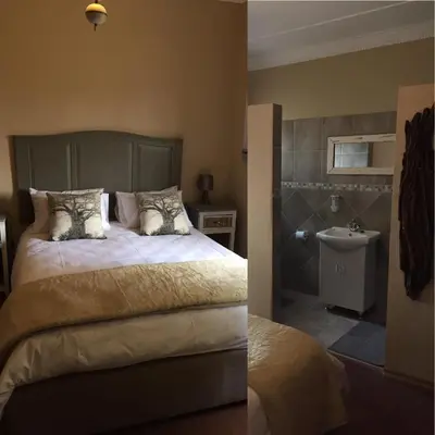 two pictures of a bedroom with a bed and a sink at Esmarline Lodge in Brits