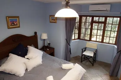 a bedroom with a bed with white pillows and a chair at Hakuna Matata in Marloth Park