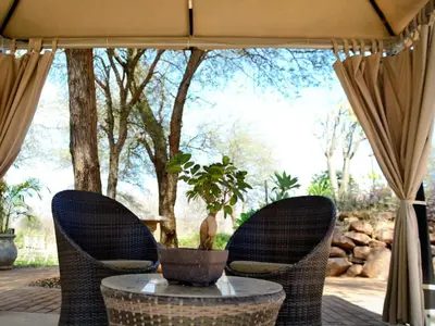 two chairs and a table with a potted plant on a patio at Stay@Sparks Guesthouse in Lephalale