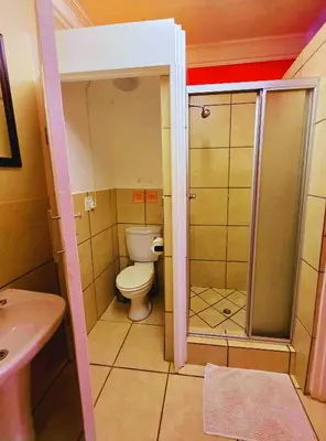 a small bathroom with a toilet and a shower at Kruger Dreams Lodge in Marloth Park