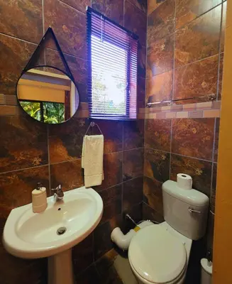 a bathroom with a sink and a toilet and a mirror at Kruger Dreams Lodge in Marloth Park