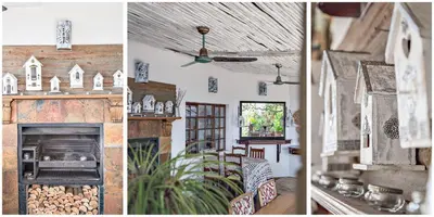two pictures of a living room with a fireplace at Utopia in Africa Guest Villa in Nelspruit