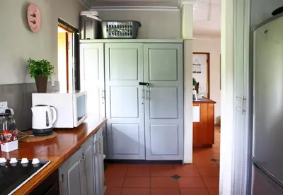 a kitchen with white cabinets and a counter at Mickey Finn in Dullstroom