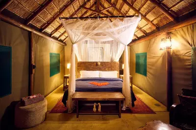 a bedroom with a canopy bed in a tent at Parsons Hilltop Safari Camp in Balule Game Reserve