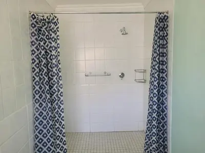 a shower with a blue and white shower curtain at Arum Lily Guest Rooms in Pretoria
