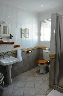 a bathroom with a toilet and a sink and a toilet istg at Le Chateau Guest House and Conference Centre in Kempton Park