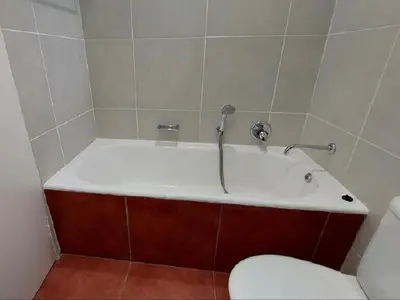 a bath tub with a shower in a bathroom at Marks Cottage in Dullstroom