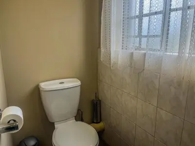 a bathroom with a white toilet and a shower at Leribisi Lodge in Tierpoort