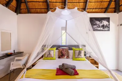 a bedroom with a bed with a mosquito net at African Sky Villas in Marloth Park
