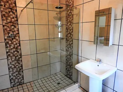 a bathroom with a shower and a sink at Ubuntu Bed and Breakfast in Marloth Park