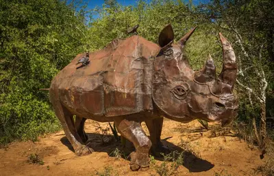 a statue of a rhino standing on a dirt road at Panzi Lodge in Guernsey Nature Reserve