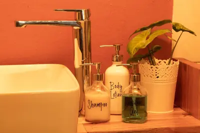a bathroom sink with two soap bottles and a faucet at Hasekamp Hospitality in Hoedspruit