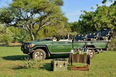 a green jeep parked in a field with a table at Safari Plains in Mabula