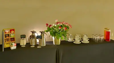 a table with cups and a vase with flowers on it at Safari Plains in Mabula