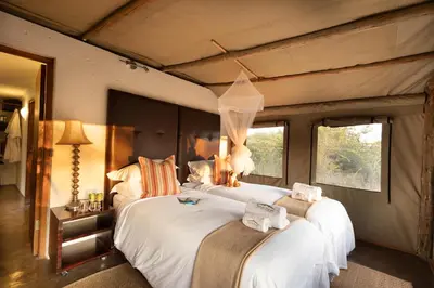 a bedroom with two beds and two windows at Safari Plains in Mabula