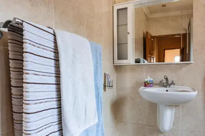 a bathroom with a sink and a towel at Alimama Spaces: Manson Mansion in Randjesfontein