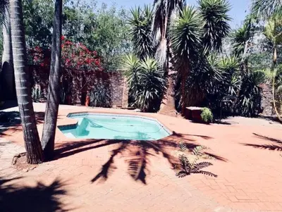 a small swimming pool in a yard with palm trees at Burgersfort Gastehuis in Burgersfort
