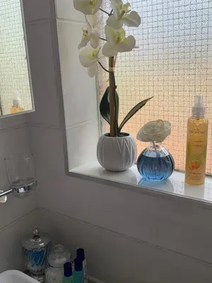 a vase with flowers on a shelf in a bathroom at The Wilcrest Apartment in Randjesfontein