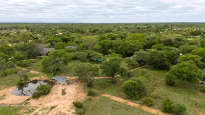 an aerial view of a park with trees at Kings Camp in Timbavati Game Reserve