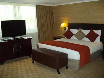 a hotel room with a large bed and a television at Southern Sun OR Tambo International Airport in Kempton Park