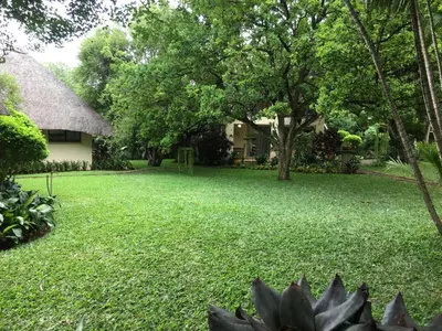 a yard with green grass and trees and a house at Acasia Guest Lodge in Komatipoort
